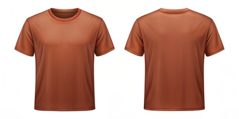 Minimalist Rust-Colored T-Shirt Mockup Set on White Background for Branding and Apparel Design, Symmetrical Front and Back Views, Clean and Professional Look