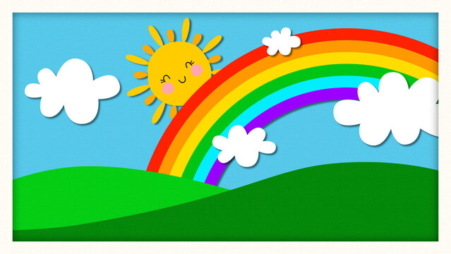 sun and rainbow and clouds in the blue sky landscape frame, green meadow paper texture, kids fairy tale and nursery rhyme wallpaper