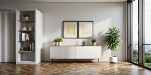 Minimalist Symmetry Elegant White Cabinet in Modern Interior with City View - Contemporary Design Concept for Home Decor and Real Estate Marketing
