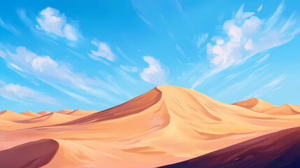 Naklejka premium Vast rolling sand dunes beneath a vibrant blue sky embodying tranquility, solitude, adventure, and the beauty of nature. Rolling Dunes. Illustration