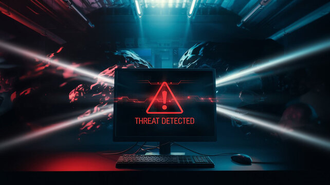 Close-Up of Computer Monitor with Red Warning Symbol and "Threat Detected" Message