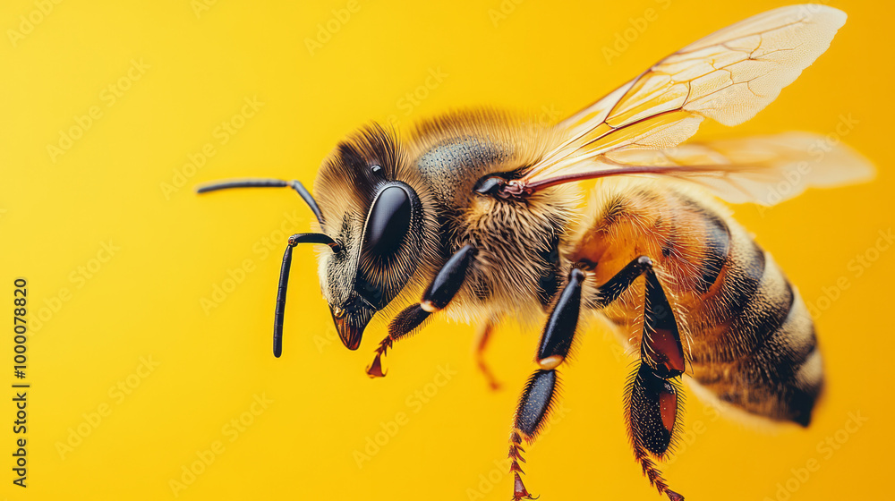 Poster a honeybee in mid-flight, isolated on a pastel yellow background, showcasing its tiny wings and fuzz