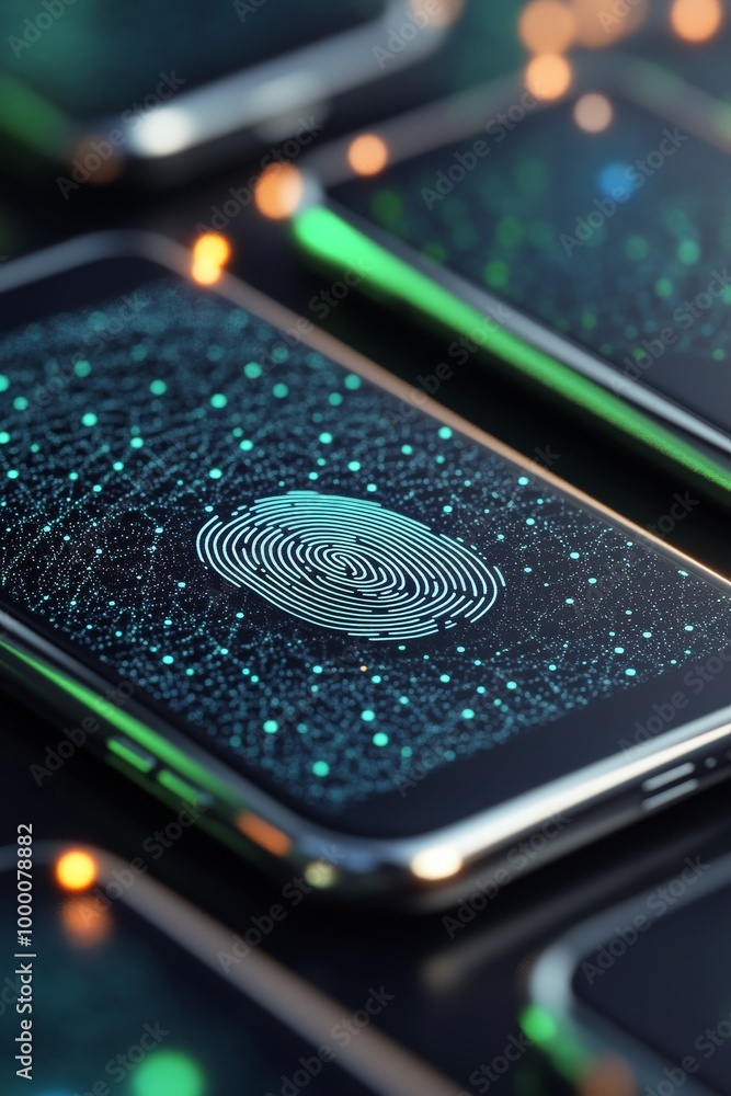 Poster modern smartphone displaying a fingerprint scan on a vibrant digital background at night
