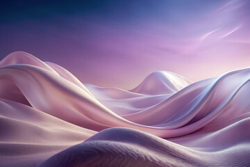 Gentle waves of pastel fabric undulate under a serene twilight sky, creating a dreamlike landscape of soft textures and colors. Generative AI