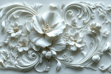 Intricate White 3D Floral Pattern with Swirling Vines in a Seamless Design for Elegant Decor