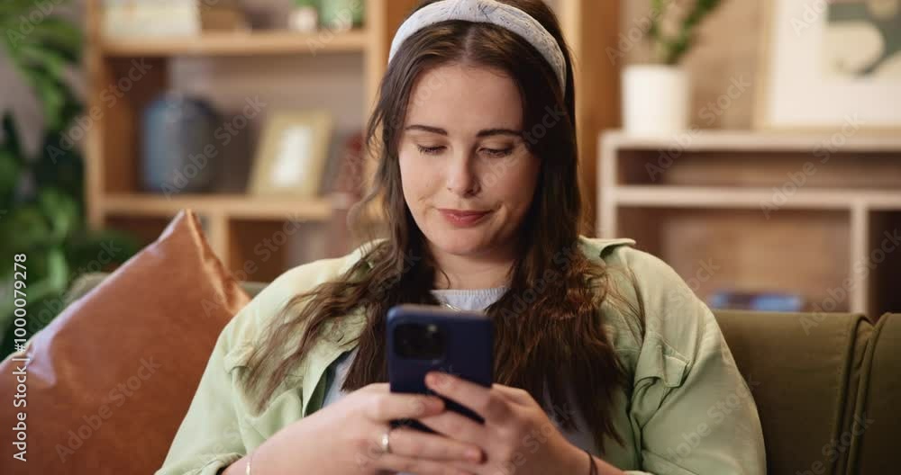 Poster home, thinking and woman on sofa, smartphone and typing with message to contact, network and texting