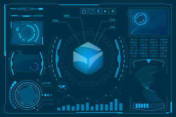 A digital illustration of a futuristic technology interface with a central 3D cube, various data charts, and holographic elements on a blue background.