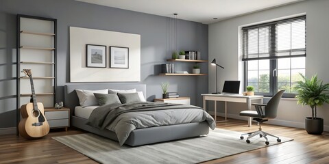 Serene Minimalist Bedroom Retreat with Gray Upholstered Bed, Workspace, and Natural Light - Modern Interior Design Concept for Tranquility and Functionality