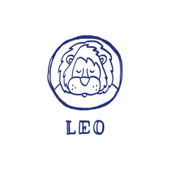Leo zodiac sign. Hand drawn sketch. Blue pen or marker drawing. Astrological calendar, zodiacal round. Vector horoscope