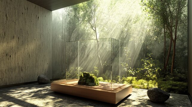 A serene meditation room, where the forest in the glass box is placed on a simple wooden altar, the natural textures enhancing the calm atmosphere