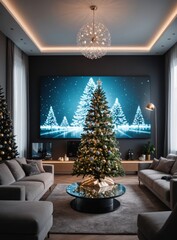 Fototapeta premium Modern living room with digital Christmas tree art display.