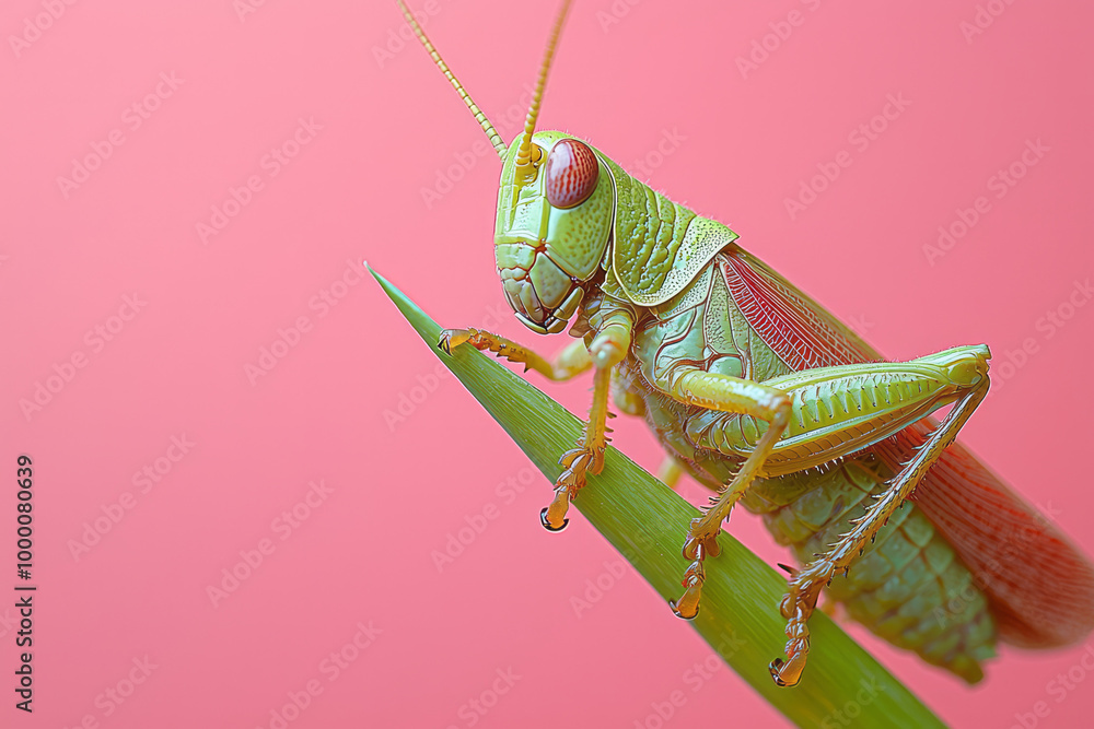 Poster a grasshopper perched on a blade of grass, isolated on a pastel peach background, ready to leap into