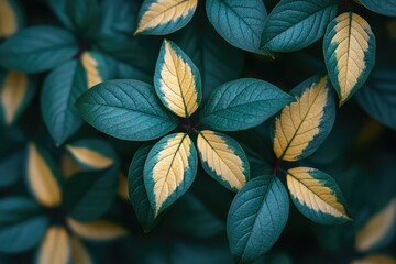 Fototapeta premium Vibrant Close-Up of Green and Gold Leaves Ideal for Nature and Design Inspiration