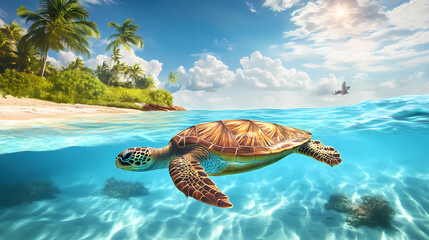 Turtle cruising clean blue sea. ai generated image. Tropical Lagoon. Illustration