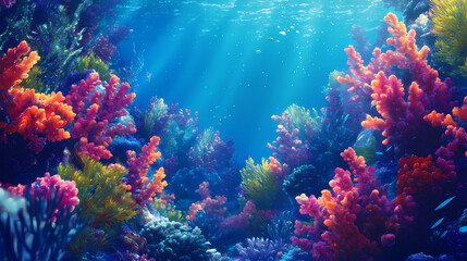 Underwater background with a vibrant, sunlit coral garden. Coral Garden. Illustration