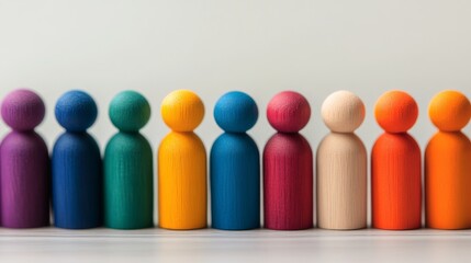 Colorful wooden figures lined up on a neutral background, celebrating diversity and inclusion