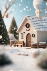 Cozy winter cabin surrounded by snow-covered trees and festive decorations at sunset