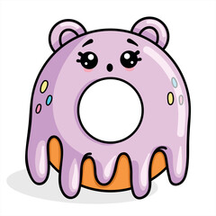 Funny purple cute donut with a surprised face. Dessert vector illustration in kawaii style