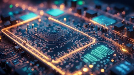 Obraz premium Close-up of a circuit board with glowing lines and the words 