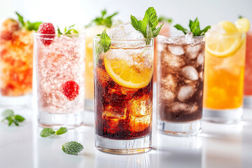 refreshing drinks in clear glasses placed at varying heights on a white table surface. 