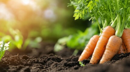 Freshly harvested carrots stand tall in a flourishing urban garden during golden hour