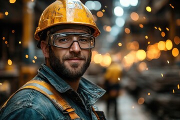 Nighttime Construction Hero: A Worker Braving Sparks and Flames with Confidence and Safety Gear