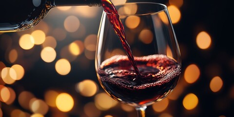 Close-up of pouring red wine into a glass, with a blurred background featuring bokeh lights in warm, dark colors