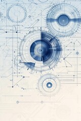 Futuristic abstract design featuring circular shapes and technical details in blue tones