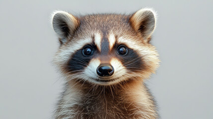 Fototapeta premium A portrait of a raccoon, isolated on a pastel gray background, highlighting its masked face and mischievous eyes,