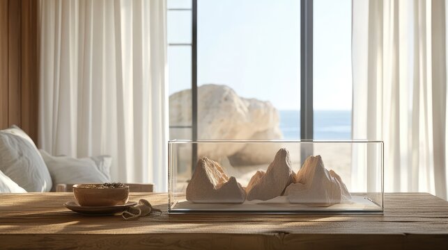 A tranquil beach house interior, where the glass box filled with sand-and-stone mountains sits on a rustic wooden table, with white curtains gently flowing in the background