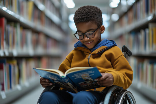 Young mixed-race school student in a wheelchair, reading a book in the library. African American child with a disability engaged in learning,