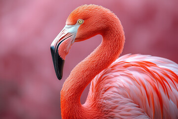 A portrait of a flamingo, isolated on a pastel pink background, with its long neck gracefully curved and vibrant feathers on display,