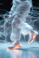 A person is dancing in front of a blurry background with orange