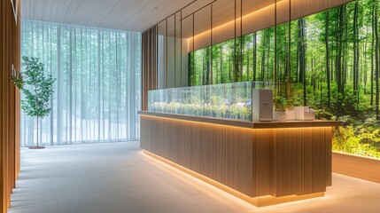A tranquil spa reception, where the forest in the glass box sits on a sleek wooden counter, surrounded by white walls and soft lighting