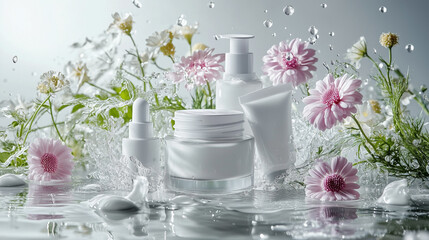 A bottle of lotion is on a table next to a bottle of cream