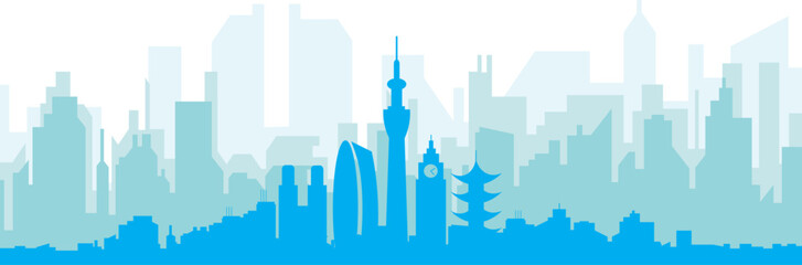 Blue panoramic city skyline poster with bluish misty transparent background buildings of TOKYO, JAPAN