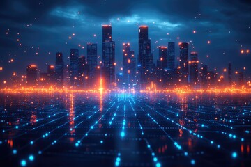 Obraz premium Futuristic Smart City Skyline in Blue Tones with Network Grid and Floating Particles in 3D Renderi