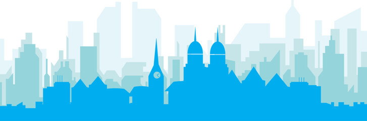 Fototapeta premium Blue panoramic city skyline poster with bluish misty transparent background buildings of ZURICH, SWITZERLAND