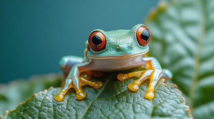 A red-eyed tree frog clinging to a leaf, isolated on a pastel blue background, highlighting its bright colors and tiny form,