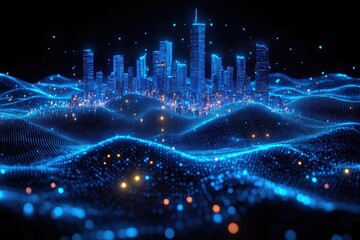 Futuristic Smart City Skyline in Blue Tones with Network Grid and Floating Particles in 3D Renderi
