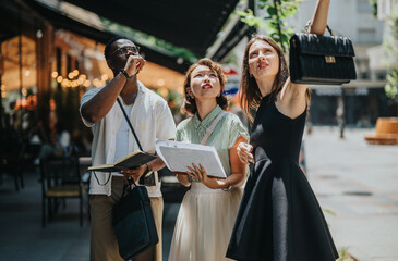 Multiracial business partners analyze and discuss financial data, strategizing for market growth, showcasing innovative thinking and teamwork in an outdoor setting.