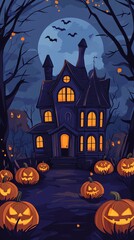 Halloween spooky haunted house, pumpkin bat night moon vector design card