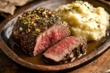 Herb Crusted Steak with Mashed Potatoes and Gravy