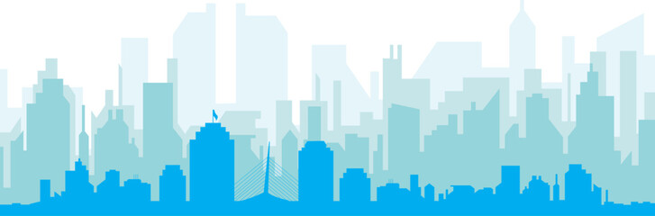 Blue panoramic city skyline poster with bluish misty transparent background buildings of WINNIPEG, CANADA