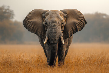 Fototapeta premium An African elephant in the wild, isolated on a pastel beige background, showcasing its grandeur and wisdom,