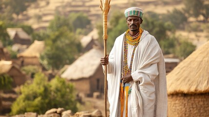 A man dressed in a traditional Ethiopian shamma and netela,