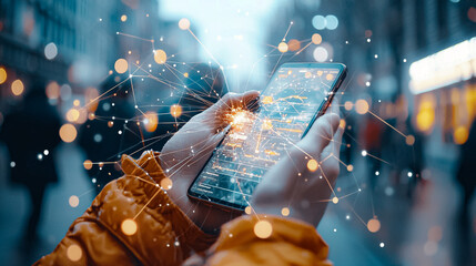 A person is holding a cell phone in a blurry image with a lot of light