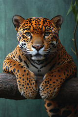 Obraz premium A jaguar resting on a jungle log, isolated on a pastel green background, highlighting its powerful, muscular form,