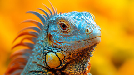 Fototapeta premium A close-up of an iguana basking in the sun, isolated on a pastel yellow background, showing its textured skin and spiked crest,