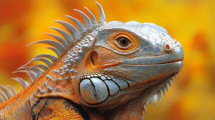Obraz premium A close-up of an iguana basking in the sun, isolated on a pastel yellow background, showing its textured skin and spiked crest,